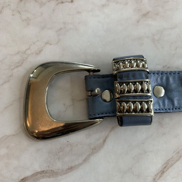 Vtg Leatherock Blue Leather Western Belt Silver Tone Concho Studded Buckle Large main image 14